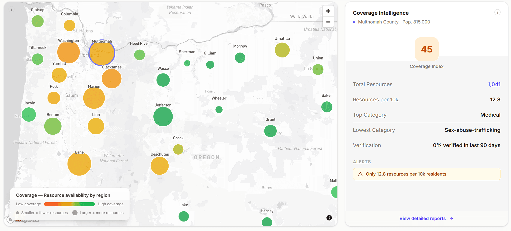 Coverage map of Oregon counties with coverage intelligence panel